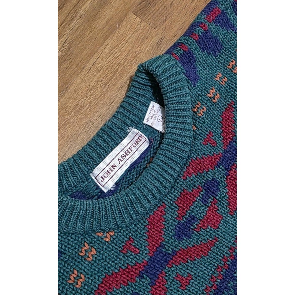 Vintage John Ashford Green Holiday Fair Isle Sweater‎ Oversized Aztec Sz L Thick